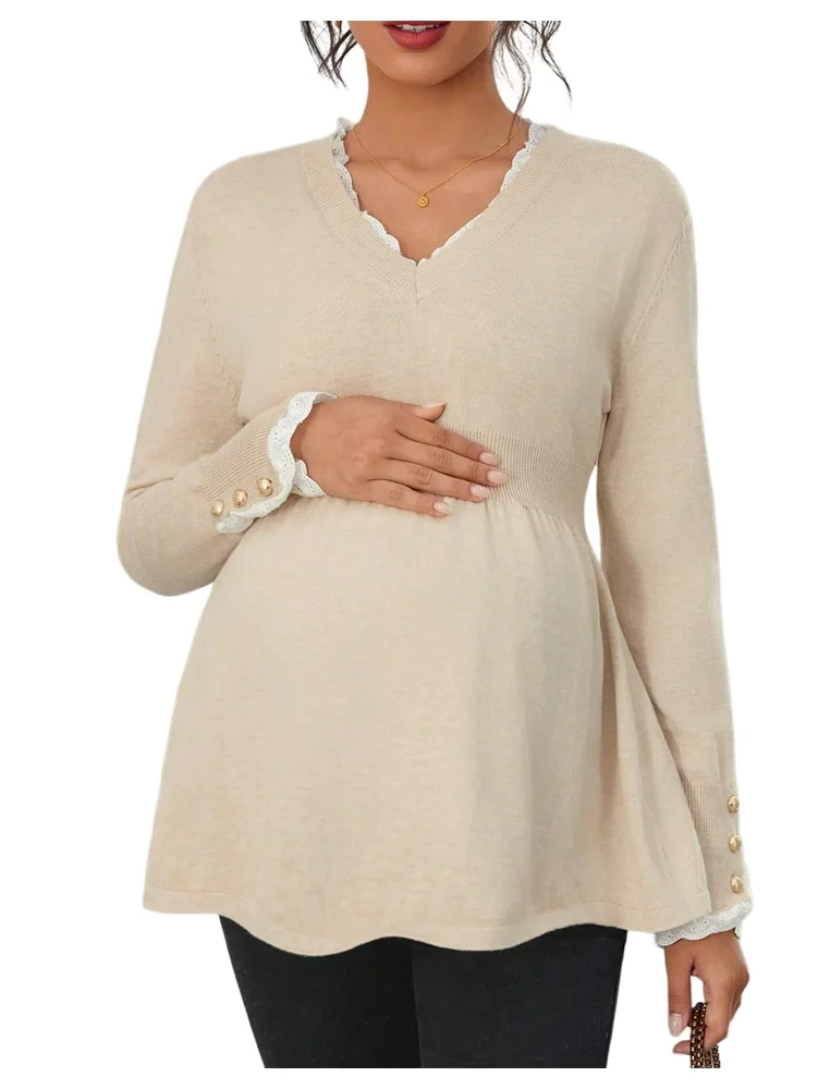 MAKEMECHIC V-Neck Lace Ruffle Maternity Sweater
