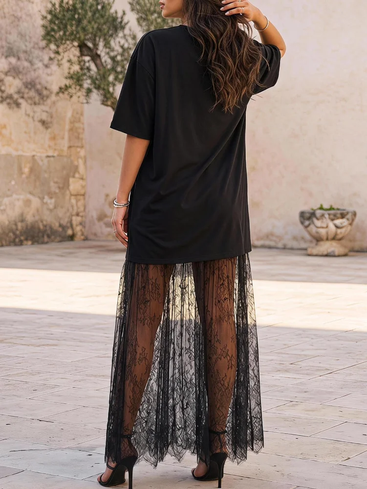 MAKEMECHIC Lace Short Sleeve Flowy Maxi Dress, view 2