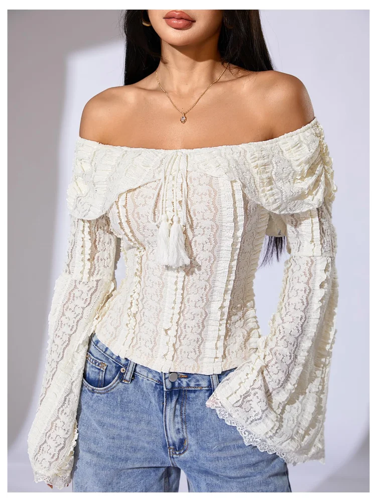 MAKEMECHIC Lace Off The Shoulder Ruffle Crop Top, view 3