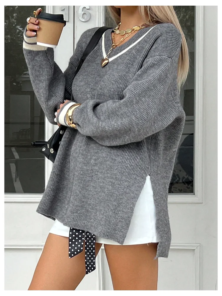 MAKEMECHIC Oversized V-Neck Long Sleeve Sweater, view 3