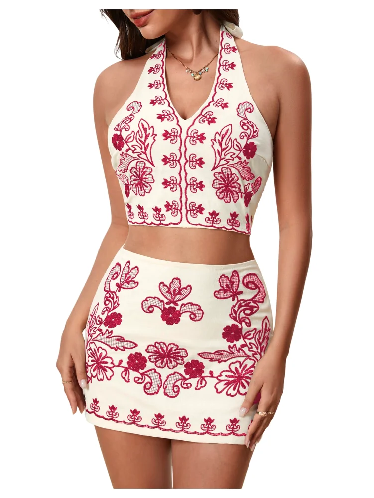 MAKEMECHIC Floral Embroidery Skirt Set