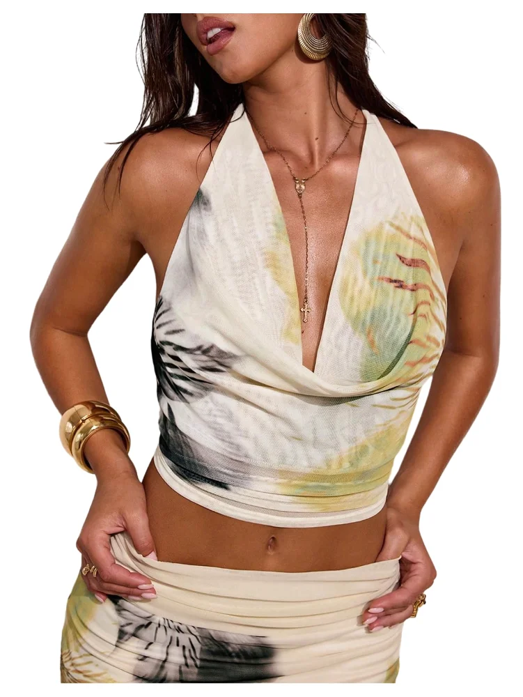 MAKEMECHIC Floral Cowl Neck Fitted Halter Top