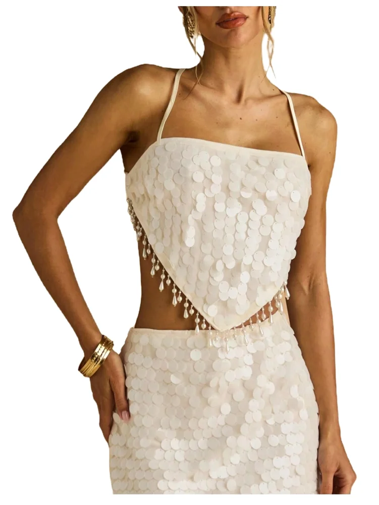 MAKEMECHIC Sequin Beaded Fringe Halter Top