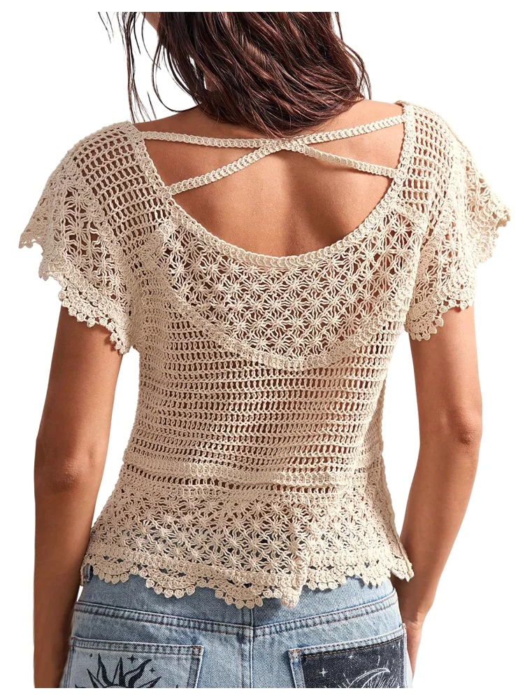 MAKEMECHIC Crochet Hollow Short Sleeve Beach Cover-Up