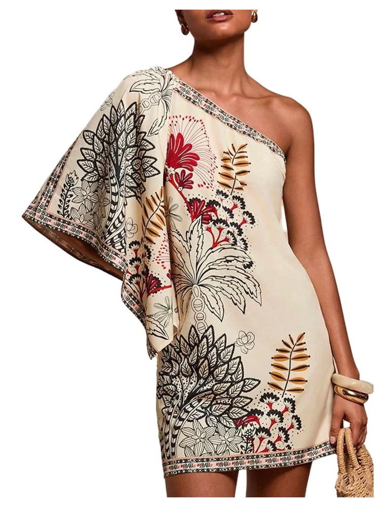 MAKEMECHIC Tropical One Shoulder Hawaiian Mini Dress in Apricot