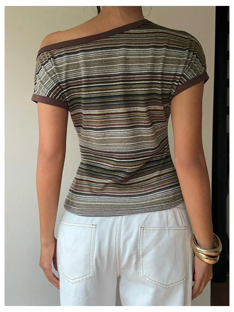 MAKEMECHIC Striped One Shoulder Short Sleeve Shorts, view 3