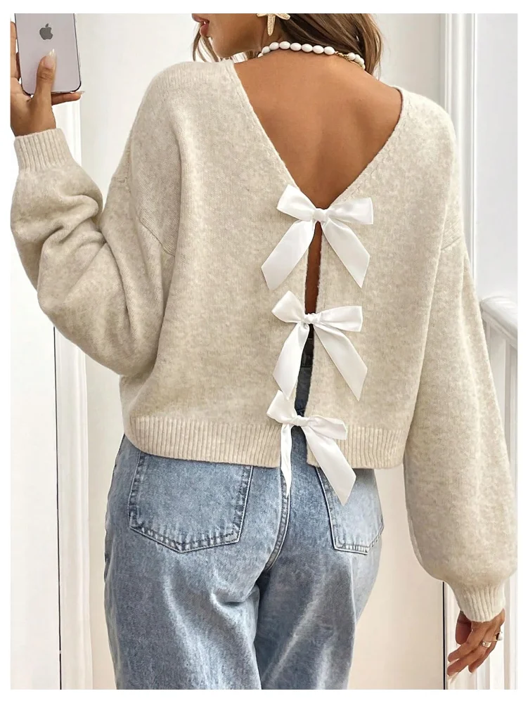 MAKEMECHIC Open Back Long Sleeve Bow Cardigan, view 3
