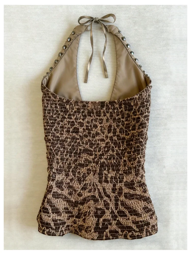 MAKEMECHIC Cheetah Print Studded Backless Halter Top, view 2