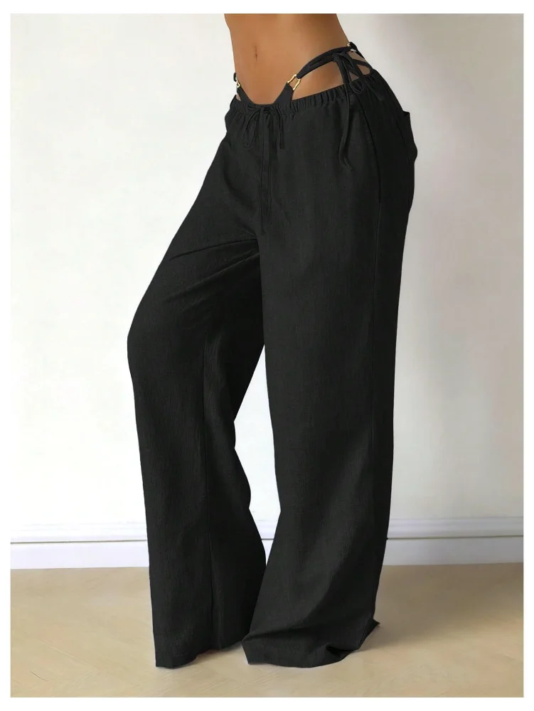 MAKEMECHIC Low Rise Linen Palazzo Pants, view 3