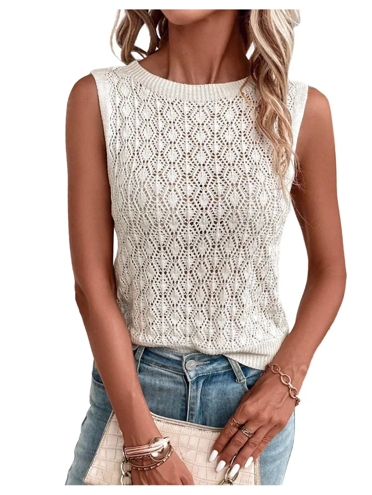 MAKEMECHIC Crochet Crew Neck Sleeveless Sweater Vest