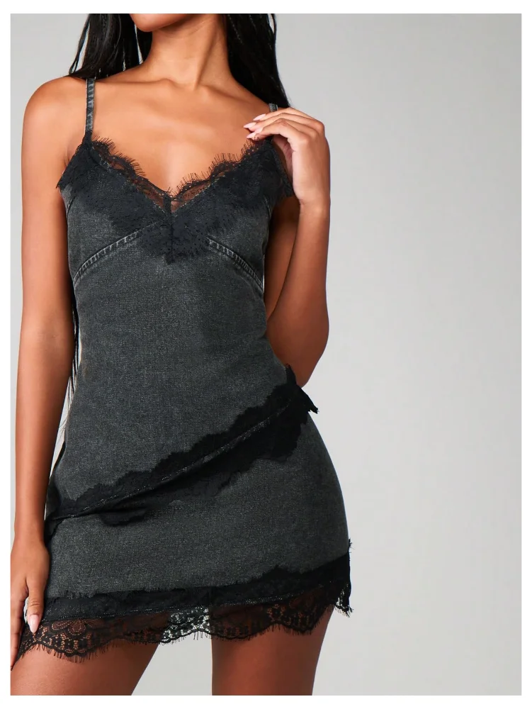 MAKEMECHIC Lace Denim Spaghetti Tank Top, view 3