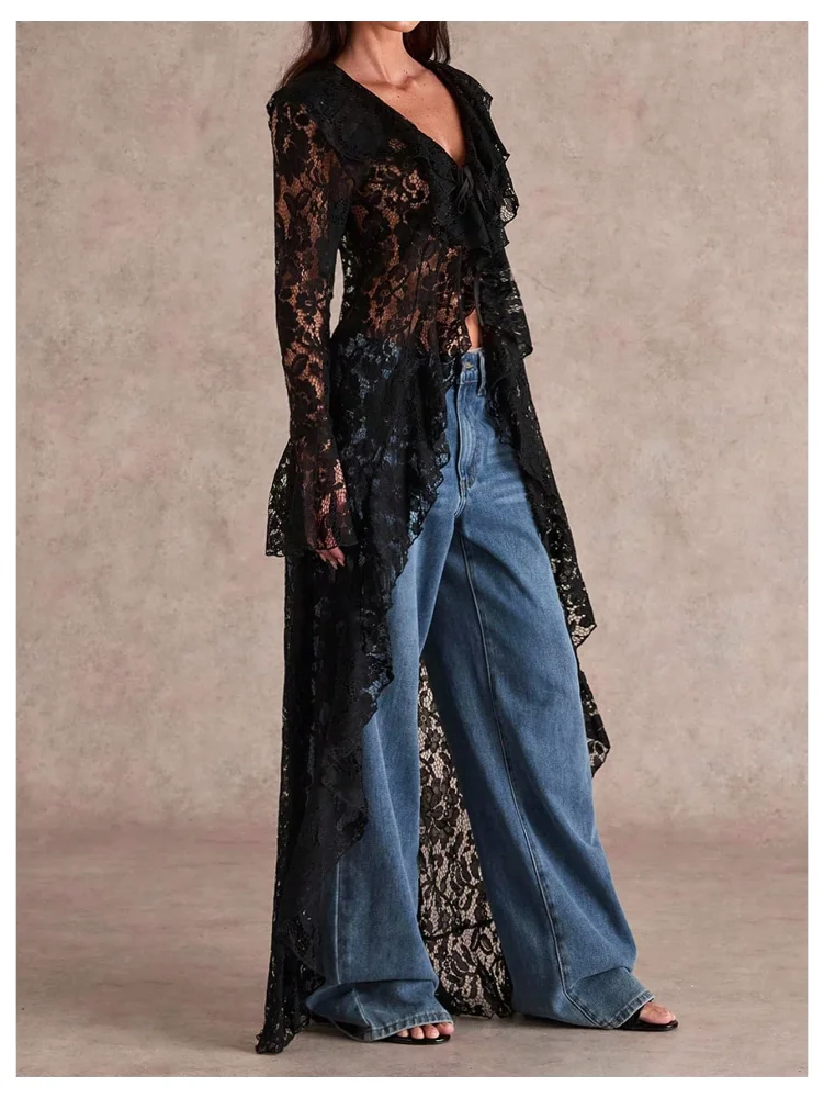 MAKEMECHIC Long Lace Mesh Blouse, view 2