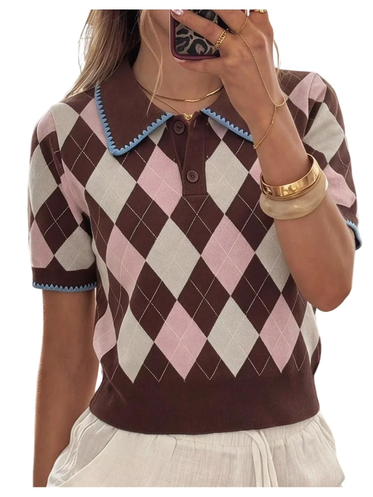 MAKEMECHIC Argyle Plaid Short Sleeve Sweater