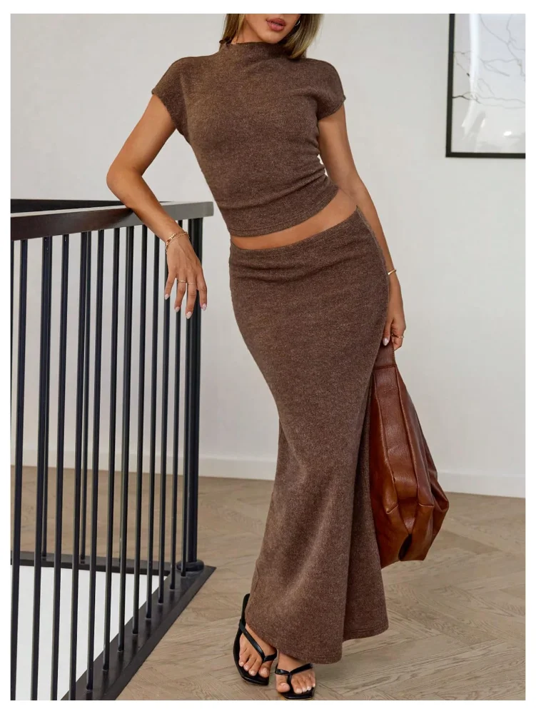 MAKEMECHIC Knit Mock Neck Short Sleeve Two-Piece Set, view 2