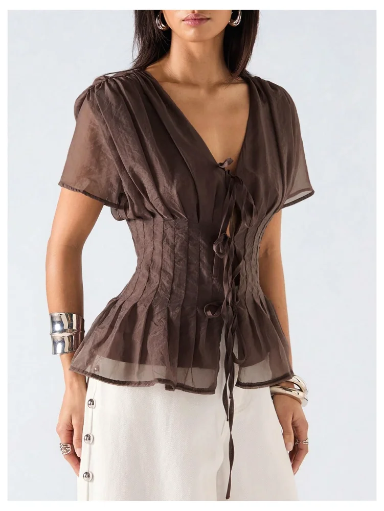 MAKEMECHIC Pleated Peplum Mesh Top, view 2
