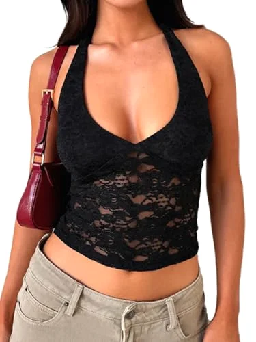 MAKEMECHIC Lace Backless Halter Top