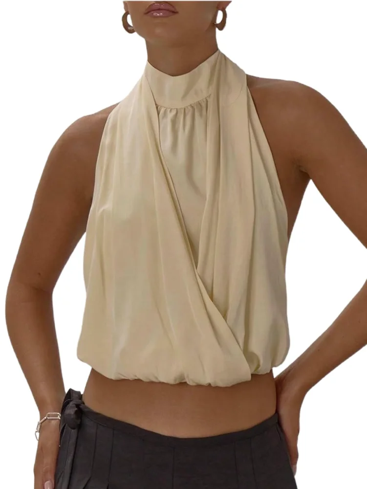 MAKEMECHIC Draped Tie Open Back Halter Top