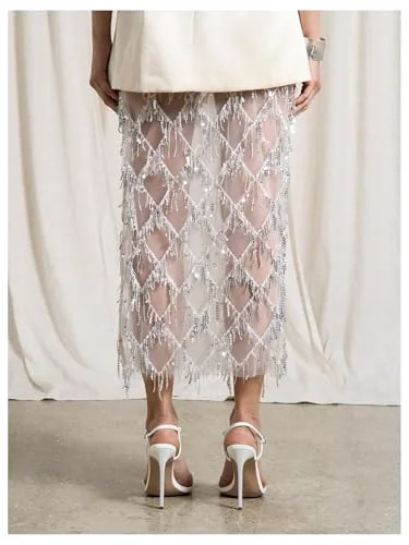 MAKEMECHIC Sequin Fringe Pencil Midi Skirt, view 2