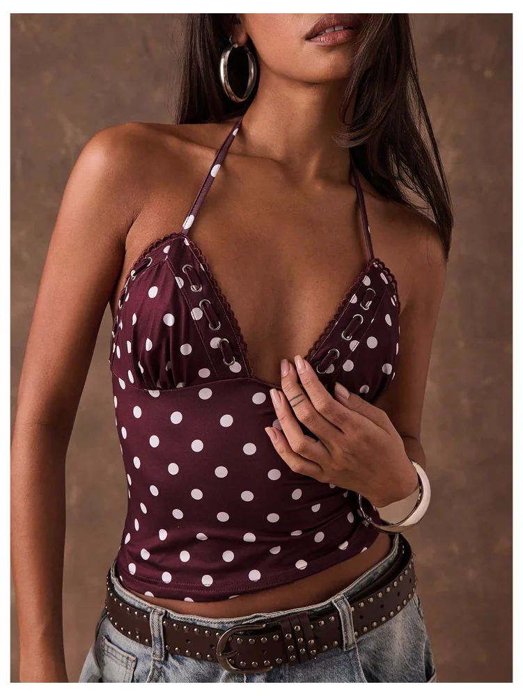 MAKEMECHIC Polka Dot Crop Halter Top, view 2
