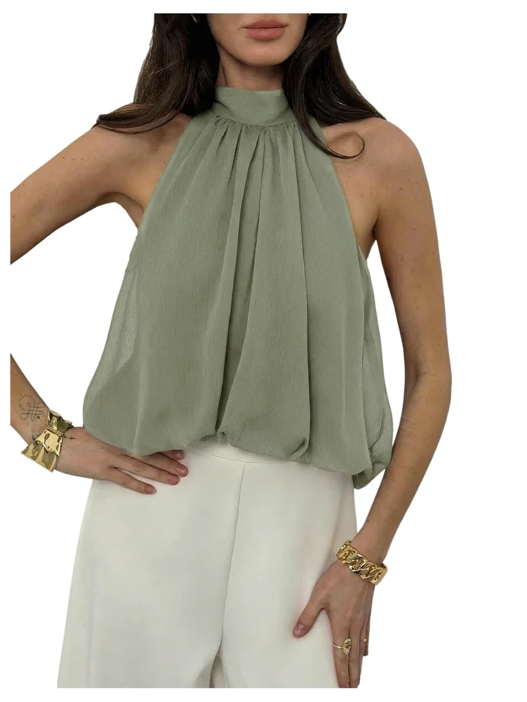 MAKEMECHIC Flowy Bubble Ruffle Halter Top