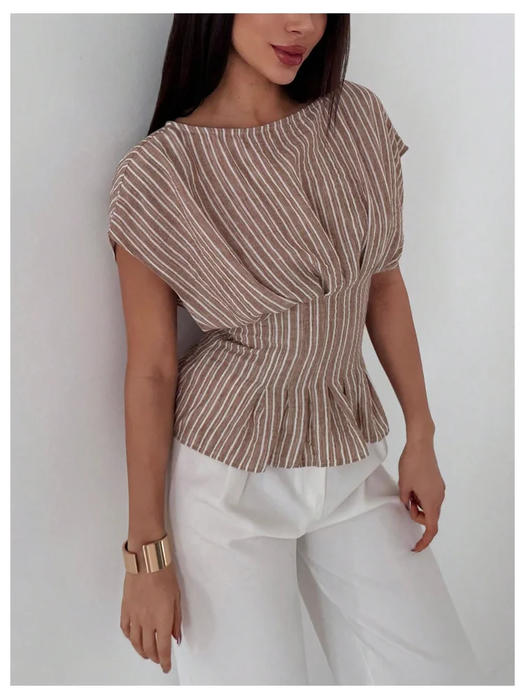 MAKEMECHIC Striped Peplum Cinched Blouse, view 2