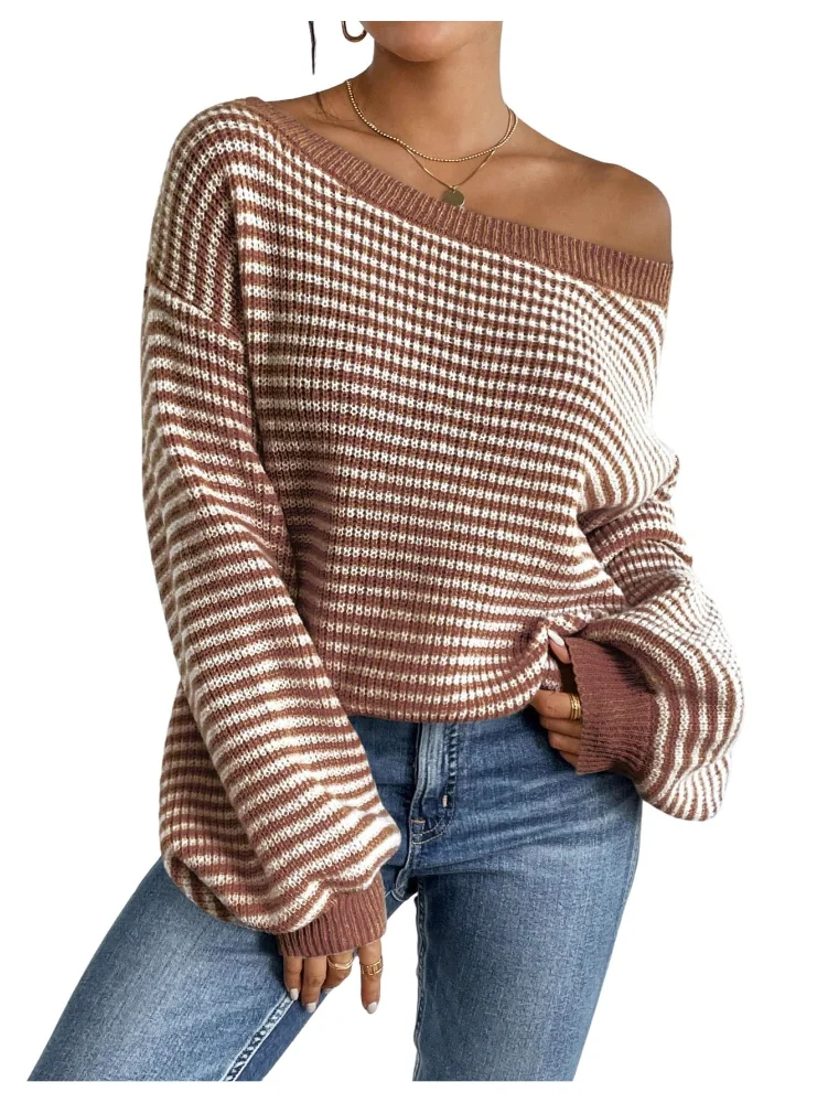 MAKEMECHIC Striped Off The Shoulder Knit Sweater, long sleeve