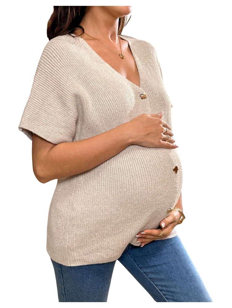 MAKEMECHIC V-Neck Short Sleeve Button Maternity Sweater