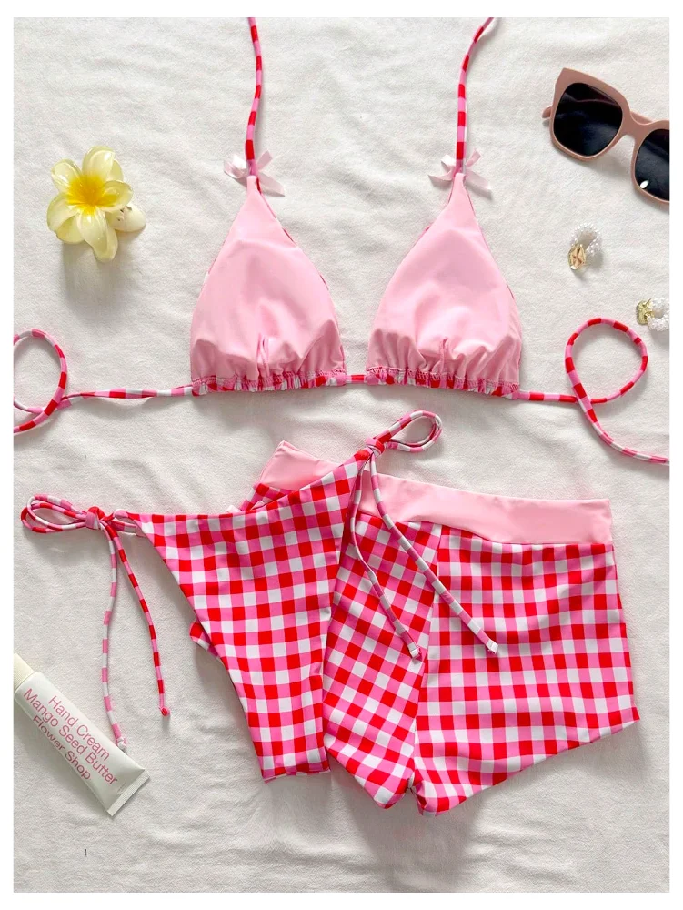 MAKEMECHIC Gingham Triangle Thong Bikini Set, view 2