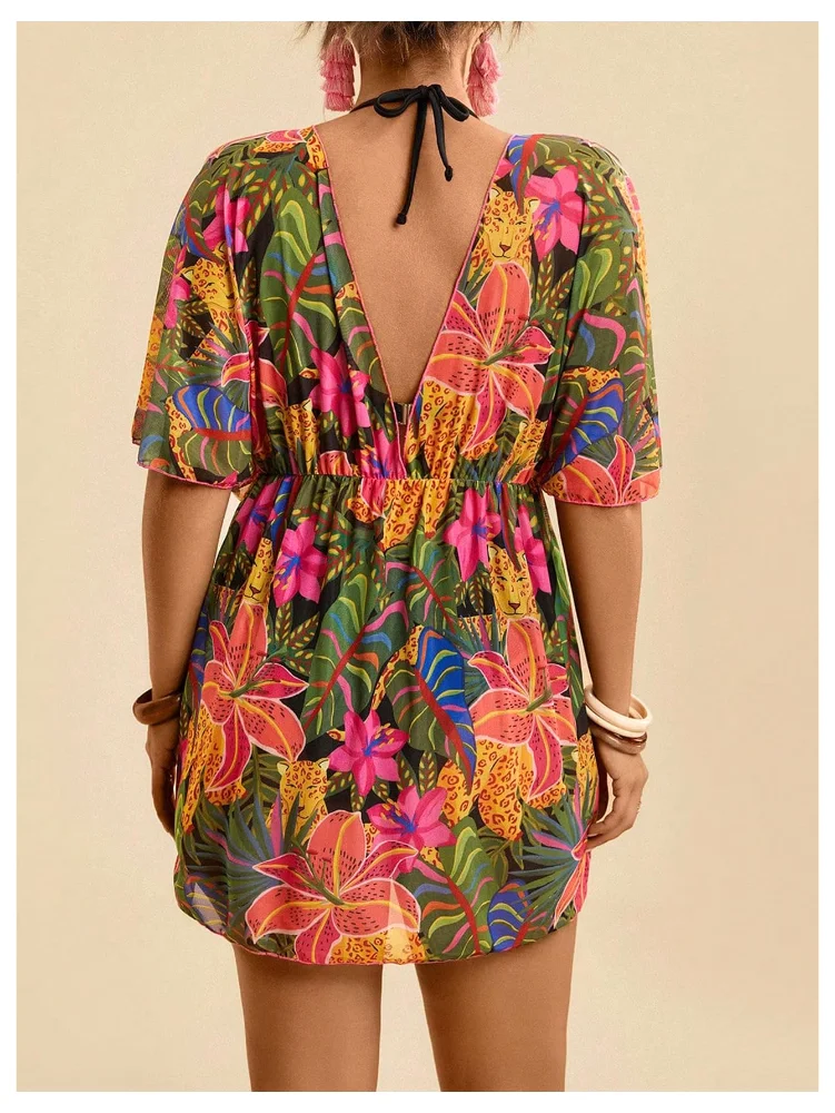 MAKEMECHIC Floral Half Sleeve Beach Cover-Up, view 3