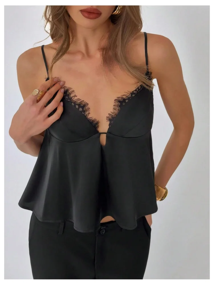 MAKEMECHIC Satin Lace Silk Top, view 3