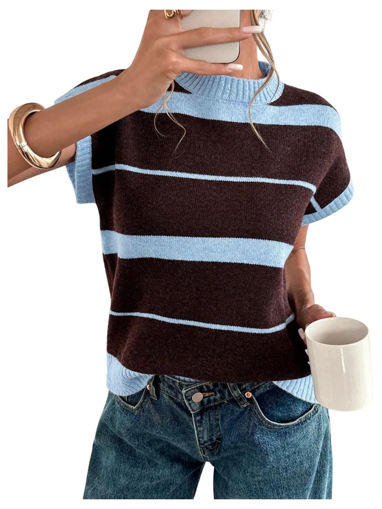 MAKEMECHIC Short Sleeve Knit Striped Sweater Vest