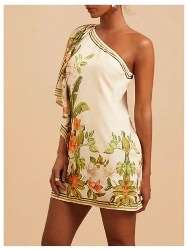 MAKEMECHIC Tropical One Shoulder Hawaiian Mini Dress, sleeveless, view 3