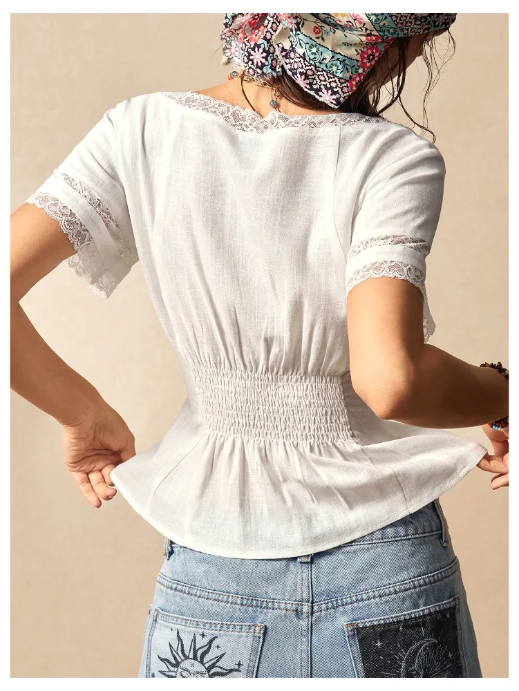 MAKEMECHIC Lace Sweetheart Linen Crop Top, view 2