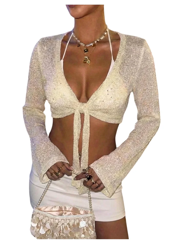 MAKEMECHIC Sequin Knit Tie Front Beach Cover-Up