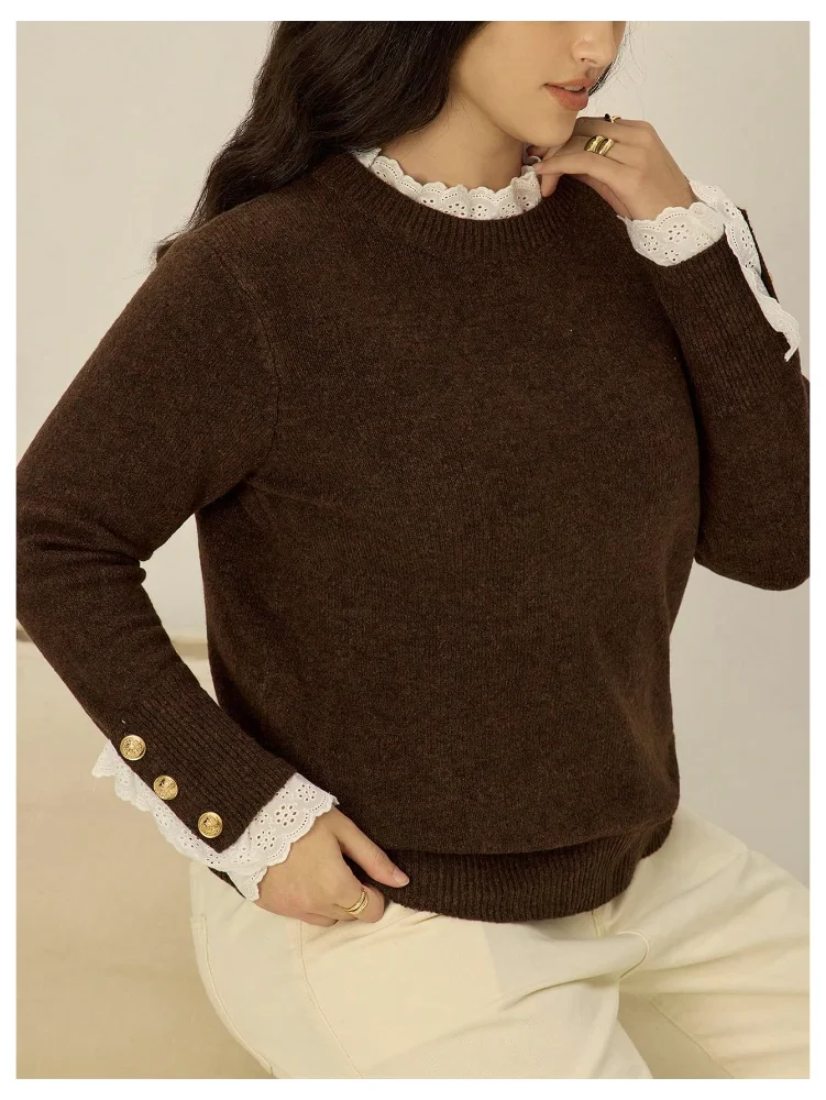 MAKEMECHIC Lace Trim Crew Neck Sweater, view 2
