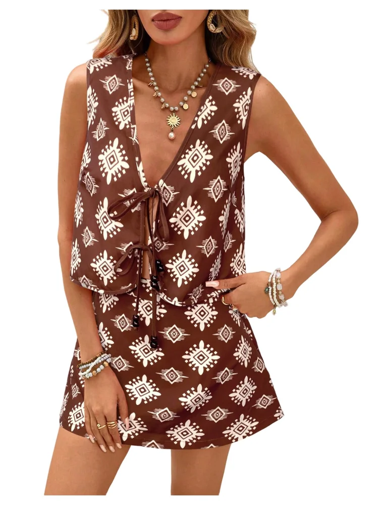 MAKEMECHIC Graphic Tie V-Neck Two-Piece Set