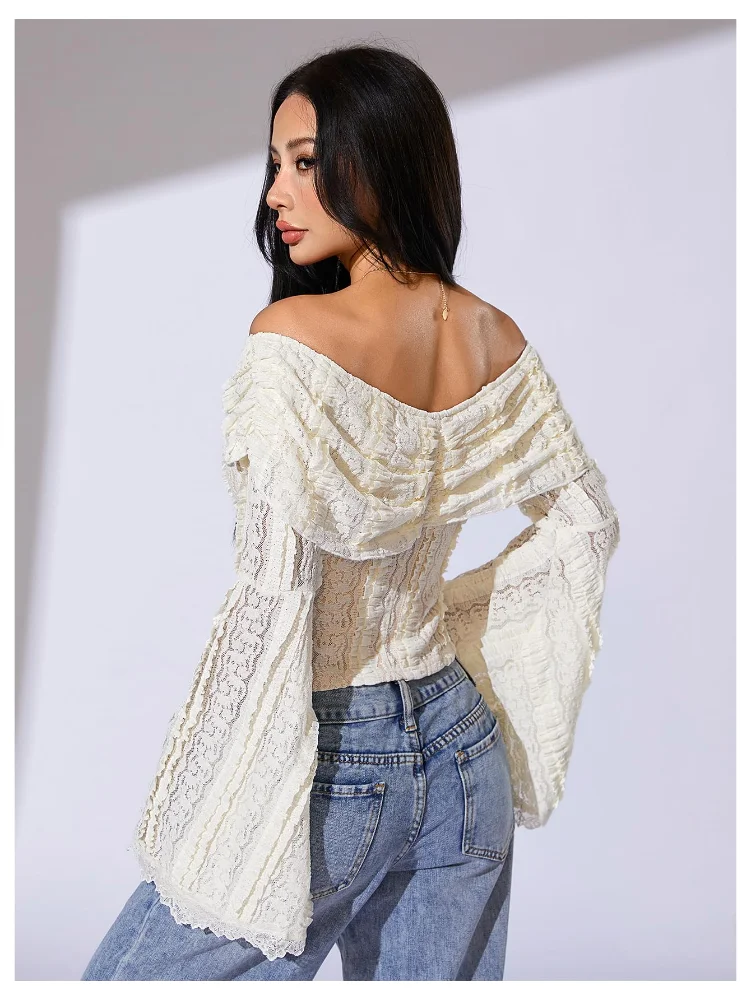 MAKEMECHIC Lace Off The Shoulder Ruffle Crop Top, view 2