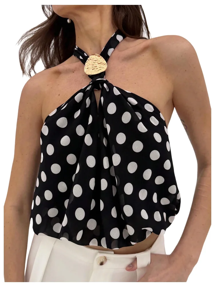 MAKEMECHIC Polka Dot Crop Open Back Halter Top
