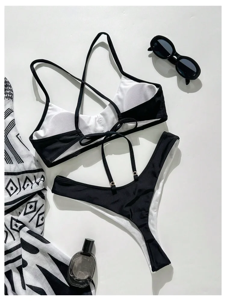 MAKEMECHIC Color Block Criss Cross High Bikini Set, view 3