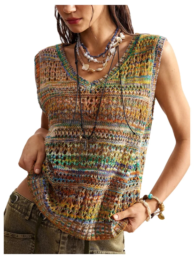 MAKEMECHIC Striped Crochet Sleeveless Sweater Vest