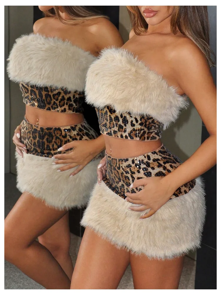 MAKEMECHIC Faux Fur Sequin Leopard Two-Piece Set, view 2