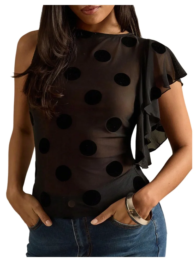 MAKEMECHIC Polka Dot Mesh Crew Neck Tank Top