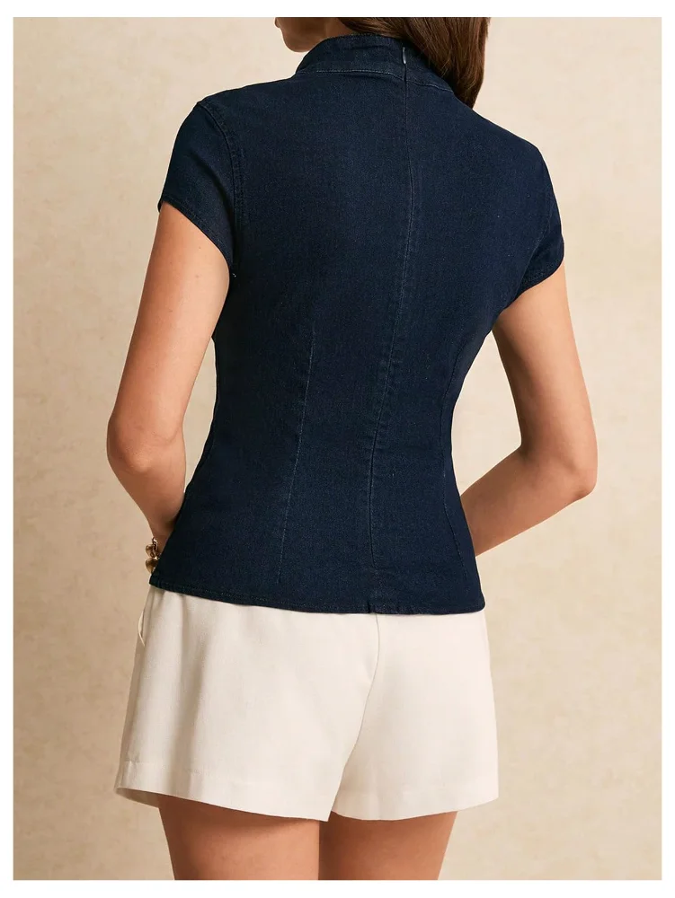MAKEMECHIC Denim Cheongsam Mandarin Top, view 2