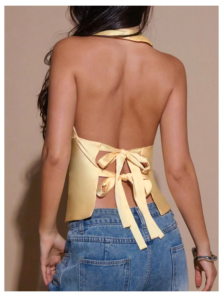 MAKEMECHIC Satin Blackless Halter Top, view 2