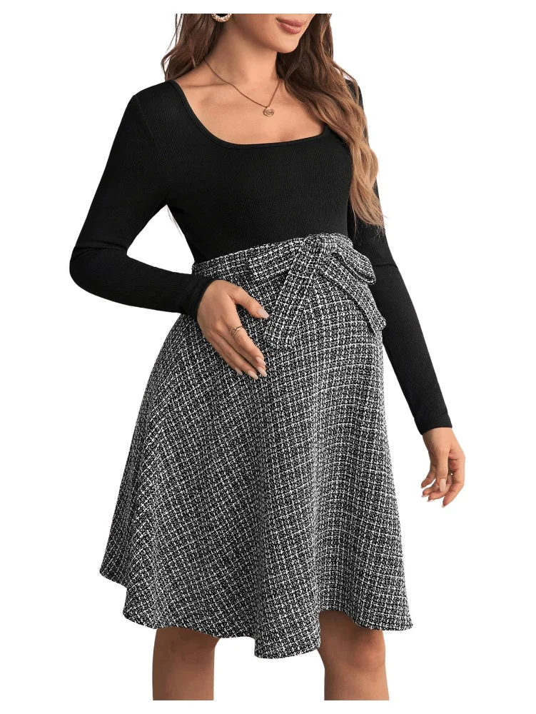 MAKEMECHIC Plaid Square Neck Long Sleeve Maternity Mini Dress