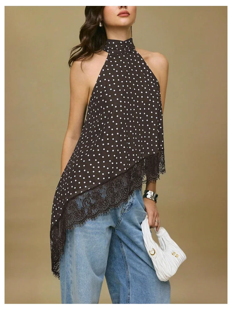 MAKEMECHIC Polka Dot Lace Trim Halter Top, view 2