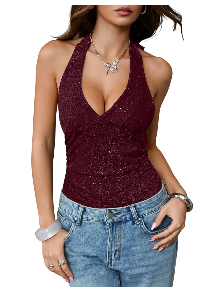 MAKEMECHIC Sparkly Deep V-Neck Bodysuit, sequin