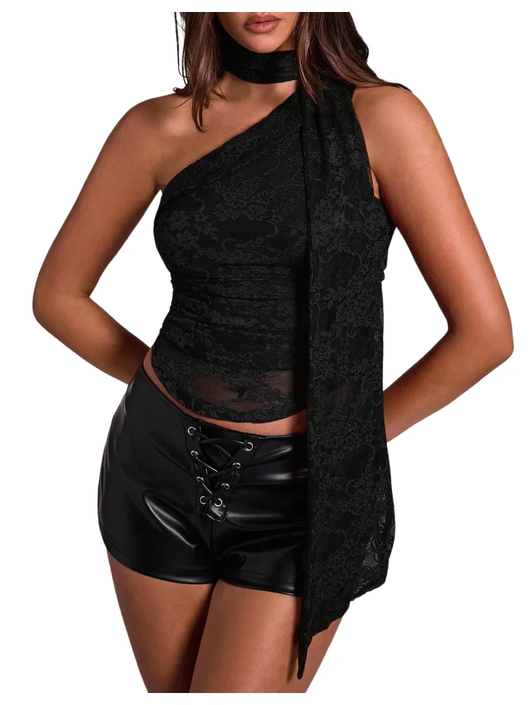 MAKEMECHIC Floral Lace One Shoulder Tank Top