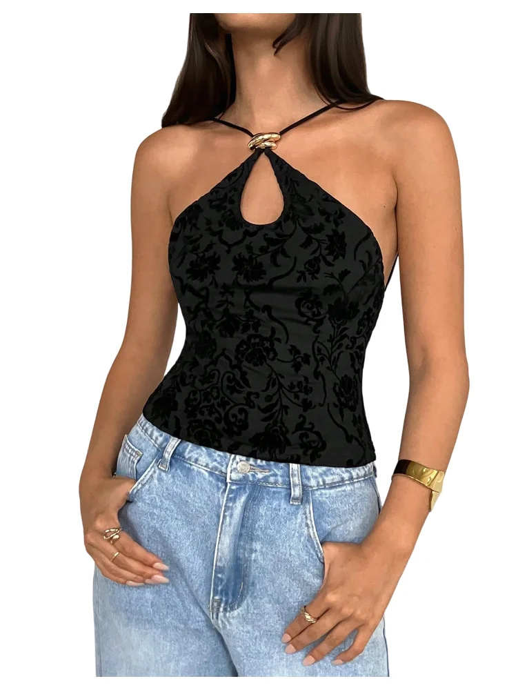 MAKEMECHIC Floral Cut Out Sleeveless Halter Top