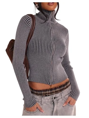 MAKEMECHIC Striped Cropped Zip Up Cardigan
